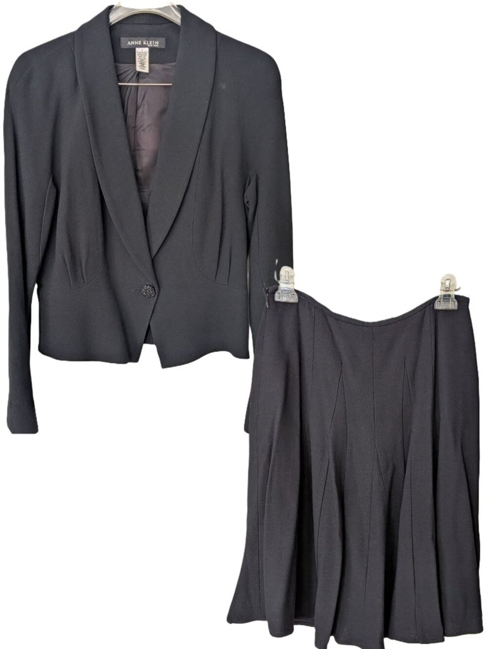 Vtg Anne Klein New York Wool Blend Skirt Suit Set Black Shawl Gored Y2K Office